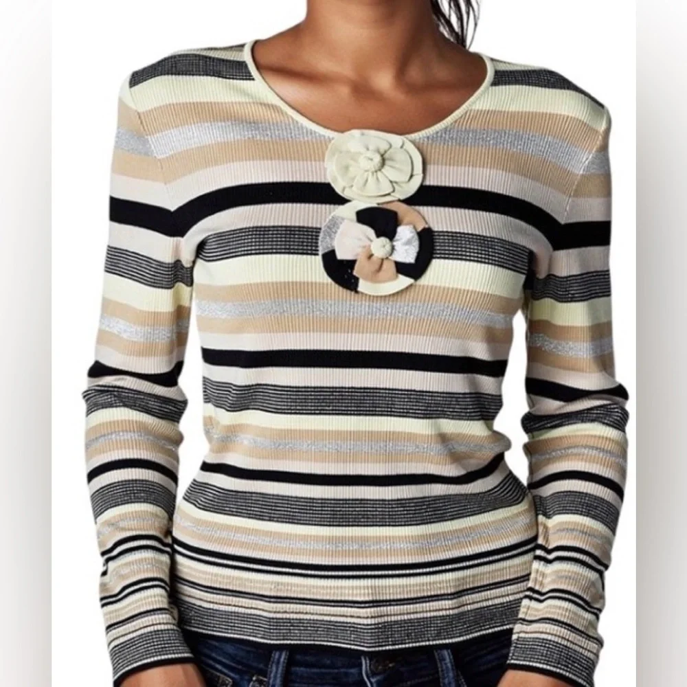 Vintage CHANEL 2001 Striped Knit Camellia Sweater - Picture 1 of 11